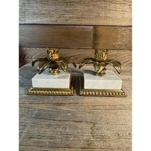 Vintage Brass and Marble Lotus Flower Candlestick Holders